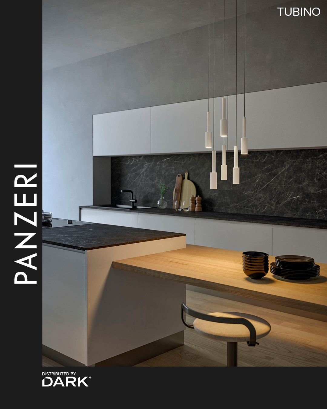 Suspension, table, wall / ceiling (also available as recessed) and floor lamp in turned aluminium. Tubino wall / ceiling can be easily applied to the bedhead. In the floor version the lighting sources double, the positioning on the stem structure is designed to allow a use also as a reading lamp. Champagne bronze and titanium finishes with fabric colored cable between the head and the structure.

#panzeri #darkbe #interiordesign #design #designverlichting #interieurdesign #interiordesign #productdesign #designlighting #lighting #verlichting #wealllovethedark