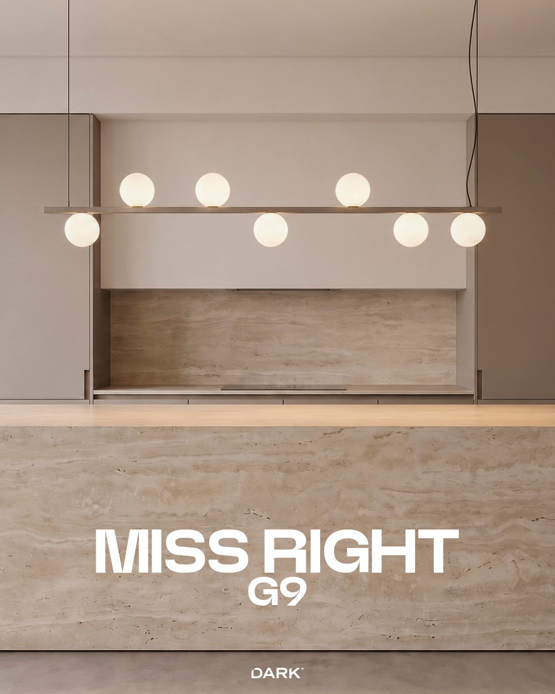 MISS RIGHT G9. ⚡️
Perfect balance, playful geometry.

Glowing spheres resting on a slender architectural line — light reduced to a simple composition of form, rhythm and balance.

At home above the kitchen island. And definitely hard to ignore.

#DARKlighting #MissRightG9 #LightingDesign #InteriorDesign #ArchitecturalLighting #BelgianDesign #DesignLighting