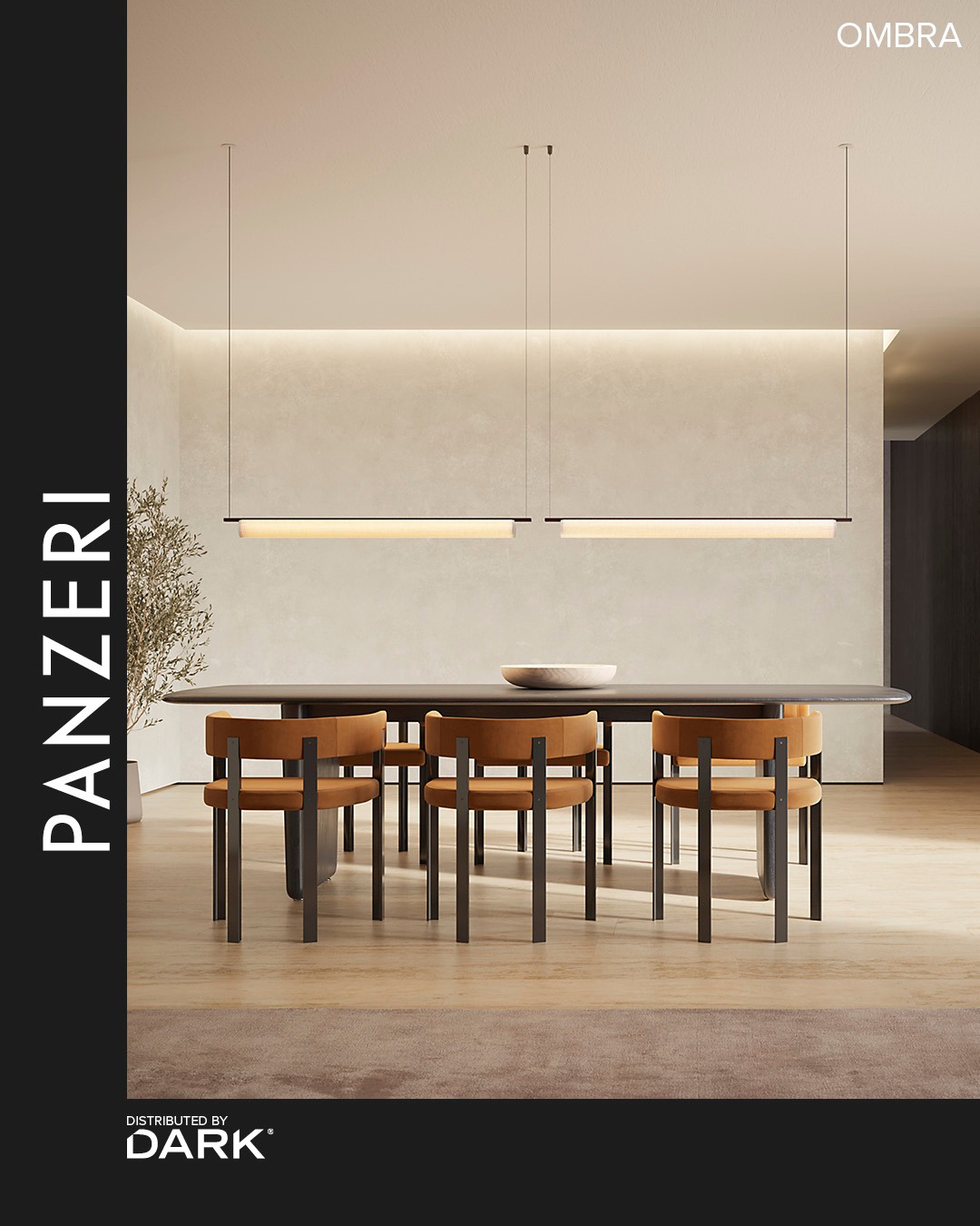 Ombra was born from the skilful union of the flexibility of fabric with the rigidity of metal. A range of decorative indoor fixtures, including suspension, wall, table and floor versions, in which the light is almost hidden by the technical fabric of the shade, creating suggestive atmospheres. The LED light source is housed within the aluminium structure, available in satin black and satin brass finishes. A thin, modern woven fabric covers the source and diffuses the light, with a soft and delicate effect. The wall and pendant versions are available in two sizes. The table and floor versions are enriched with a black marquina marble base and fabric cable.