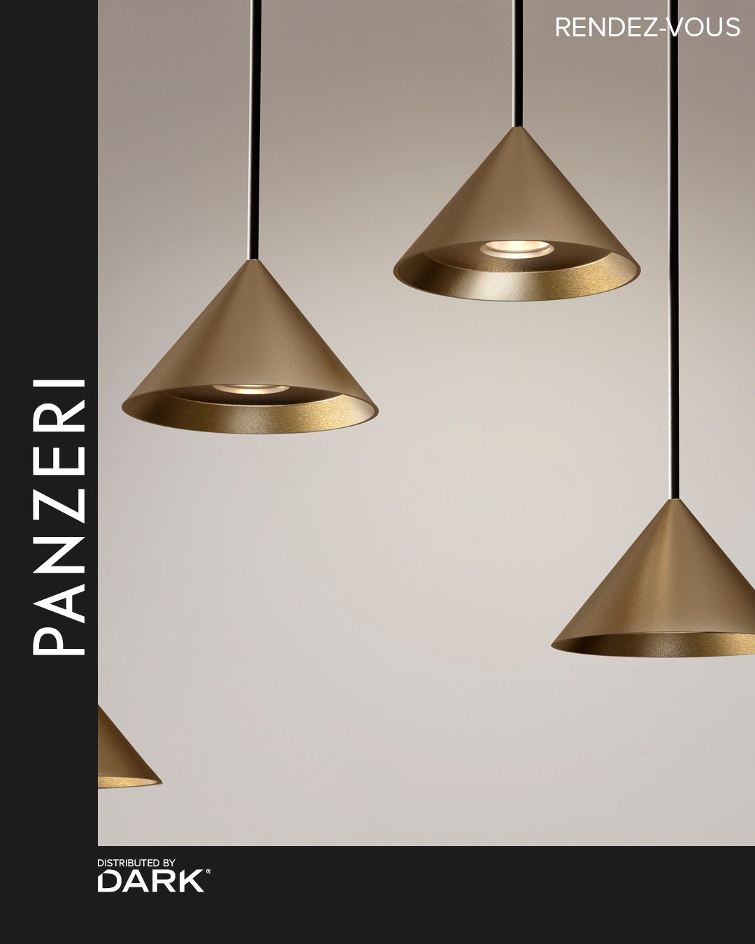 Rendez-vous is a luminaire with minimal dimensions designed the golden proportions. Taking its cue from the concept of ‘encounter’, it could be used singly or in multiple scenic compositions, in clusters or linear, which could be realised with specially designed canopies and accessories. The small conical die-cast aluminium head is available in satin black and bronze finishes; it conceals a LED source and a lens to direct the beam. Available in a version for 48V electrified track of the Street series.

Distributed by DARK